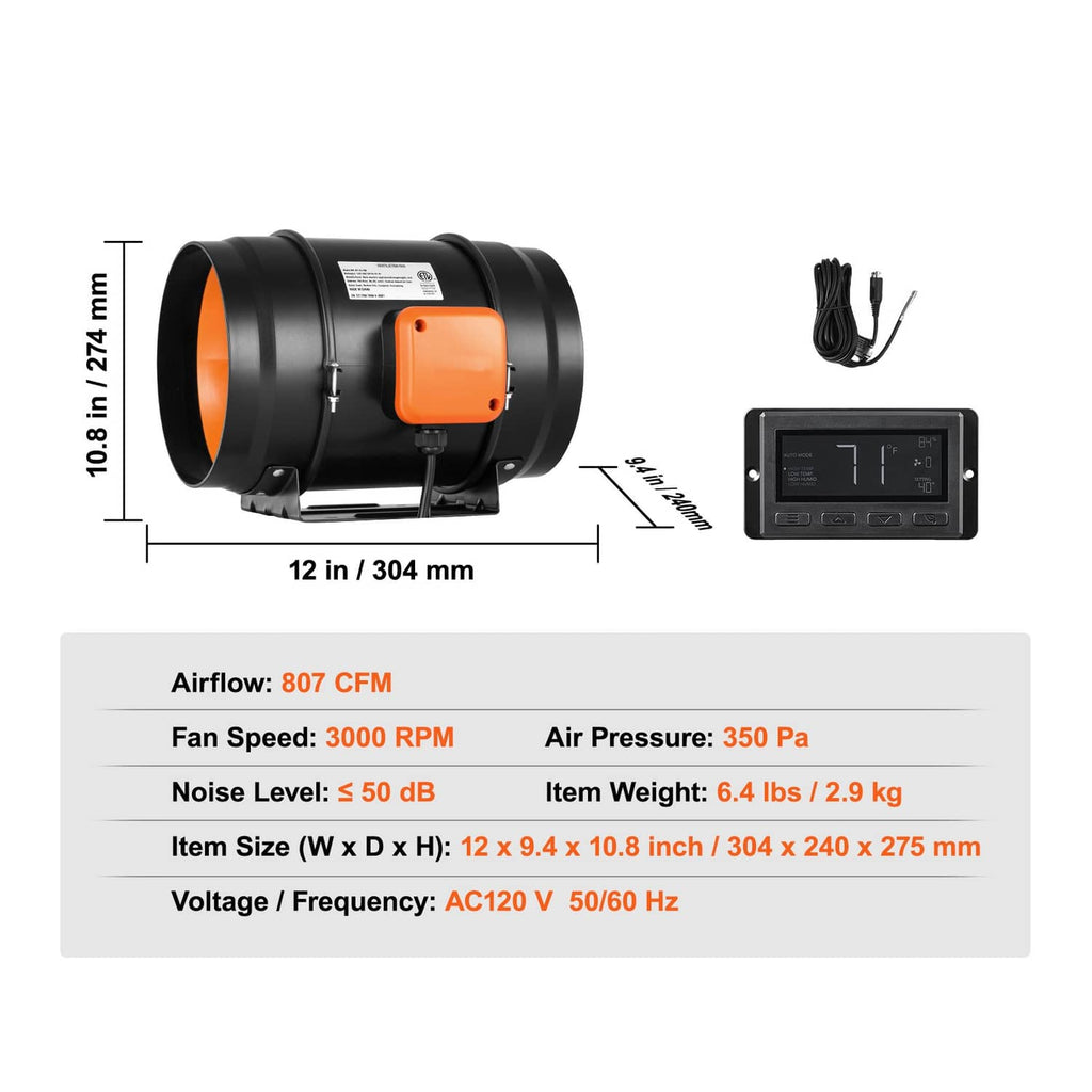 Inline duct fan kit with controller, cables, and mounting bracket