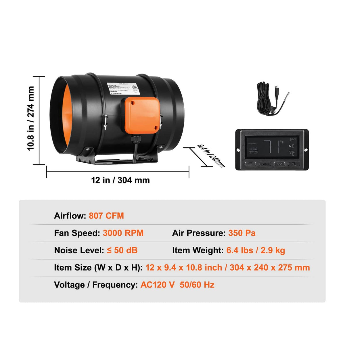 Inline duct fan kit with controller, cables, and mounting bracket
