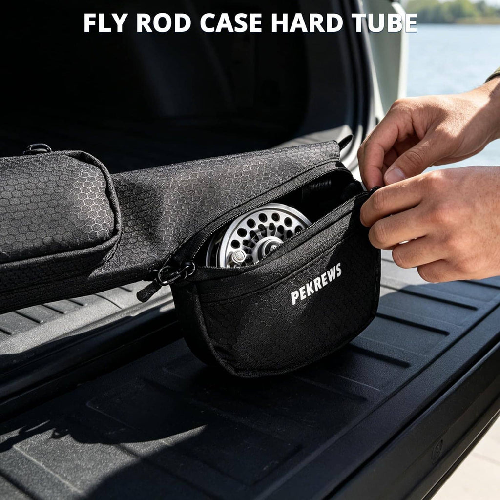 Black fly rod case hard tube with zipper side pouch opened for reel access.