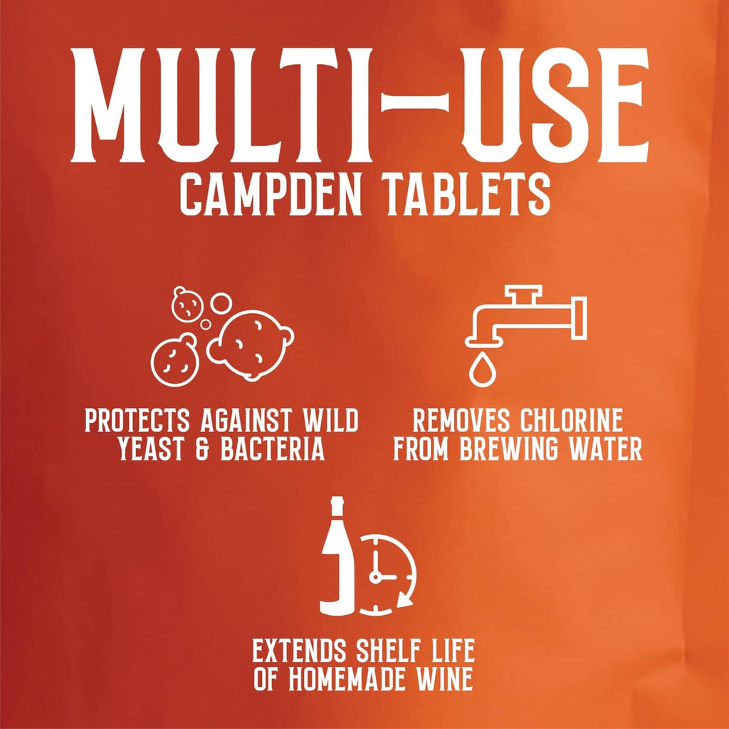 Campden Tablets multi-use design with icons for wine preservation and chlorine removal