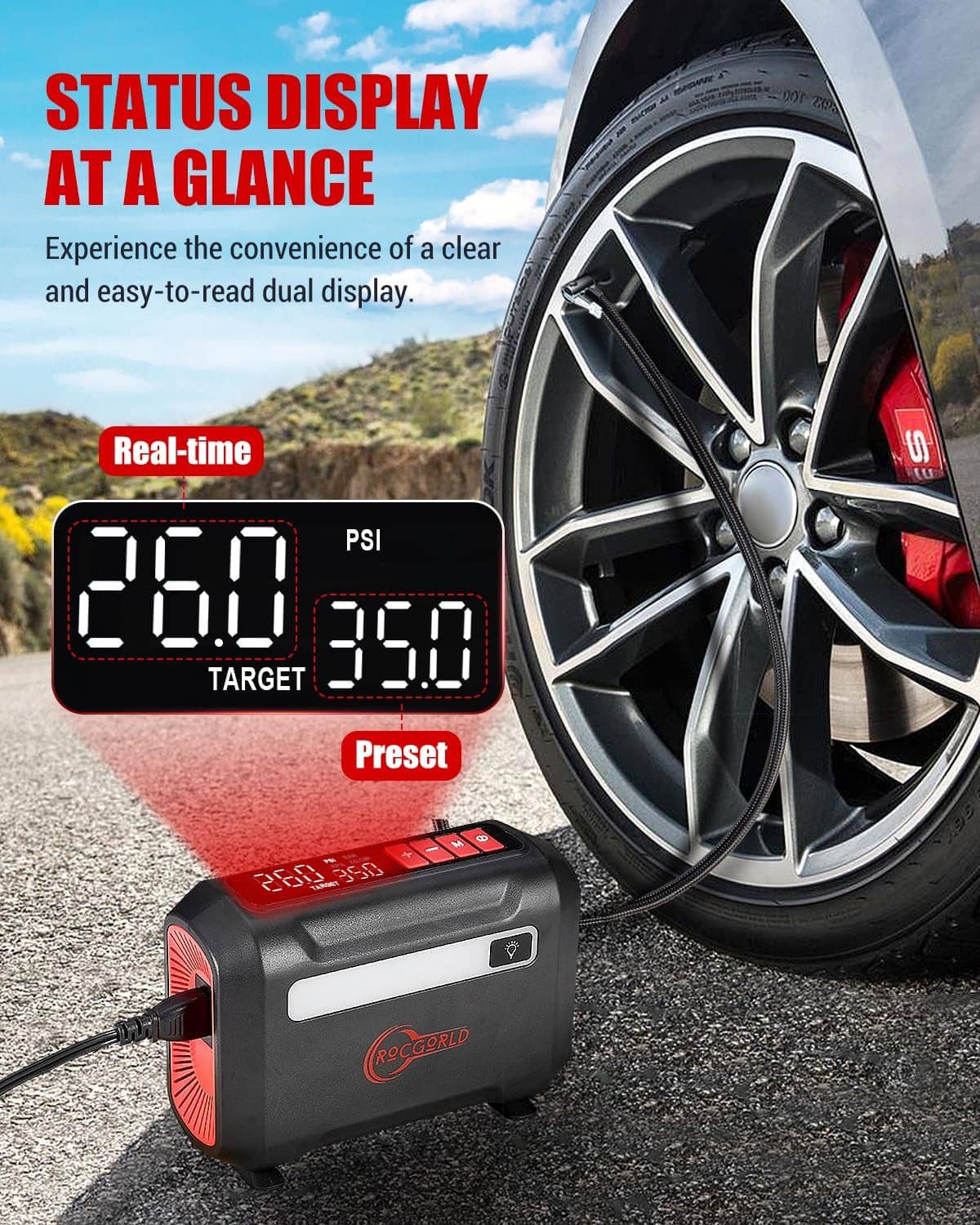 Portable 12V tire inflator showing PSI target display near a car wheel.