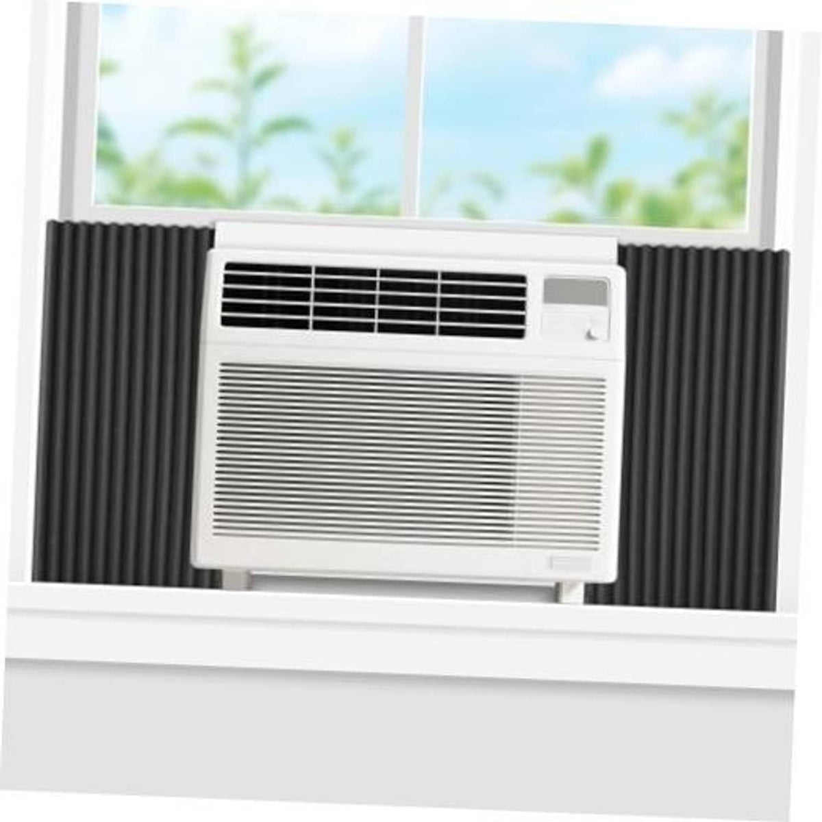 Window AC side panel with black foam accordion seals for side gaps