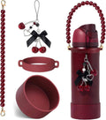 Maroon water bottle accessory set with pearl-bead handle and cherry charm keychain