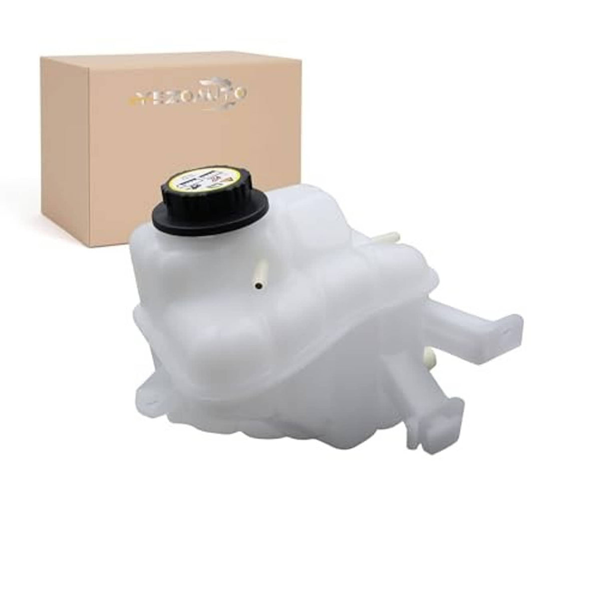 White coolant reservoir tank with black screw cap, side outlet and mounting tabs