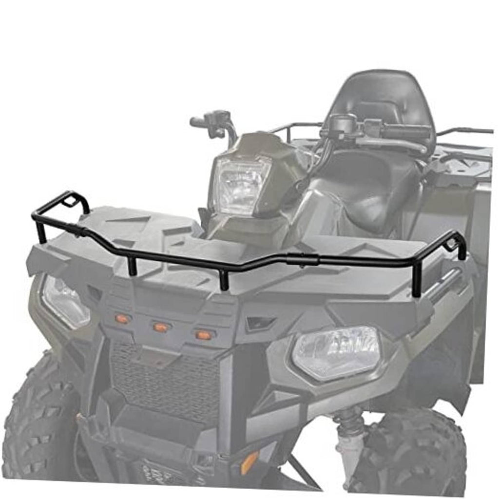Front rack extender on ATV front cargo platform, black tubular frame with corner brackets
