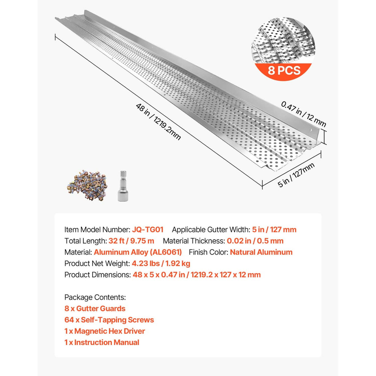 Set of 8 perforated aluminum gutter guards, 5 in width with size details