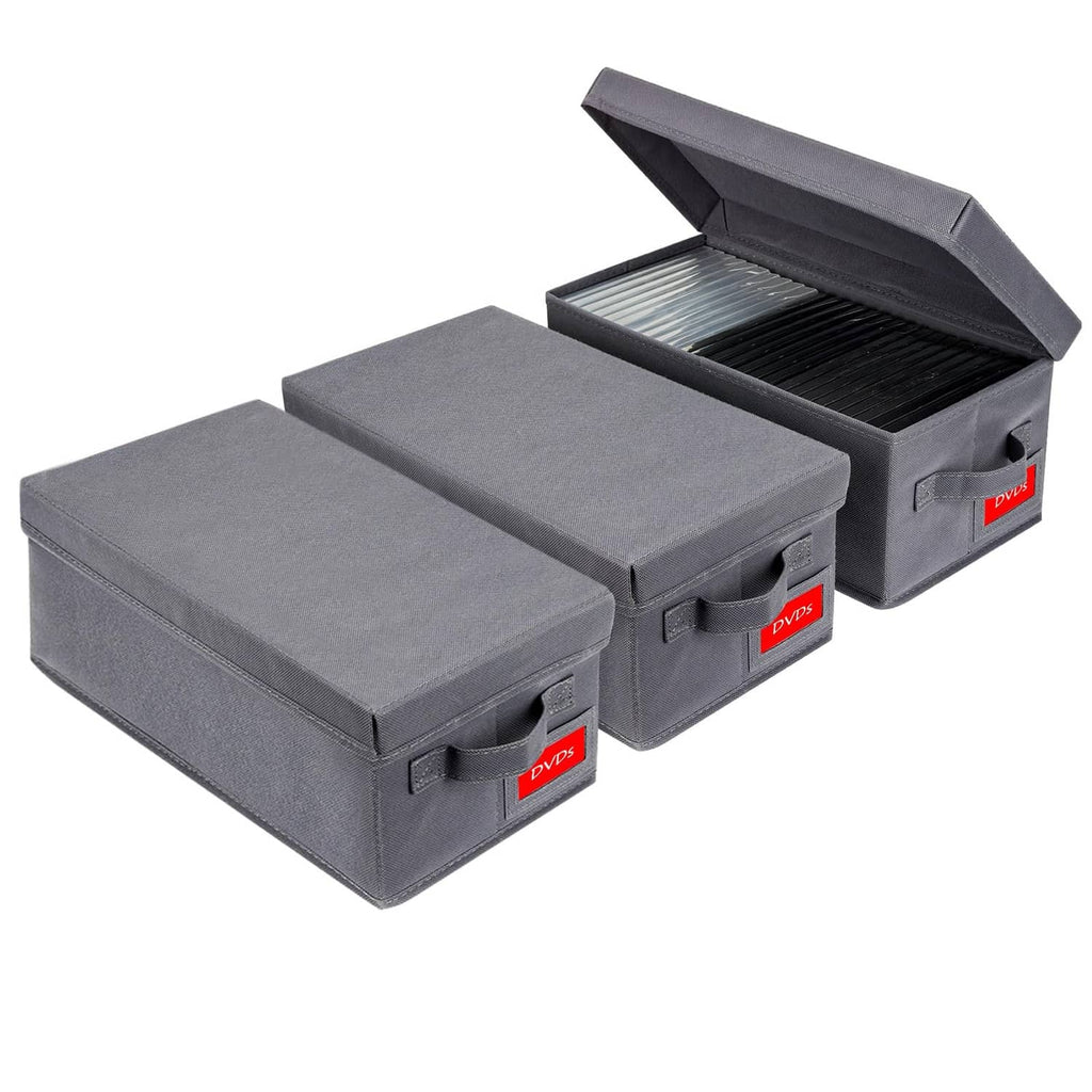 Grey foldable DVD storage cases (3-pack) with hinged lids and snap closures