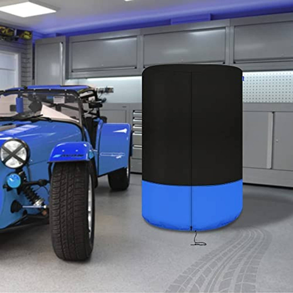 Front view large tire storage cover with black top and blue base, drawstring bottom
