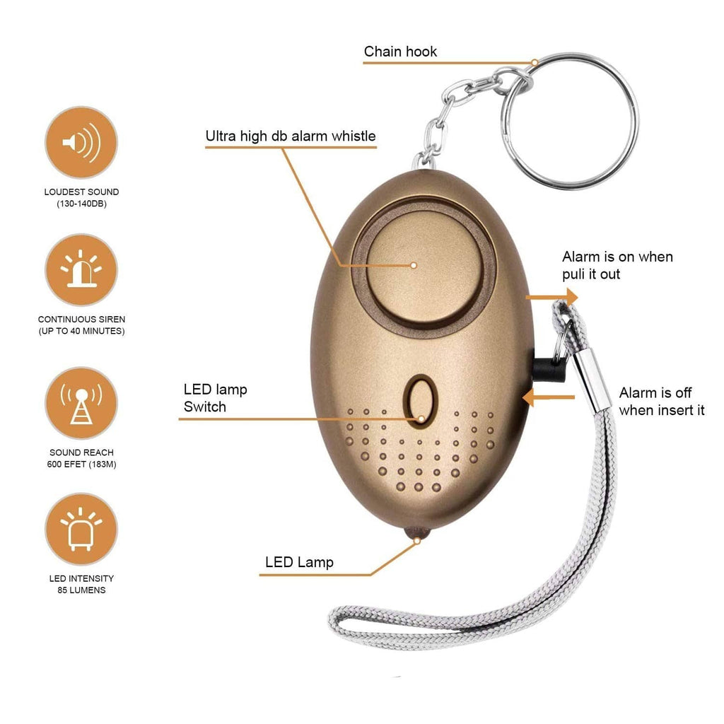 Brown personal security alarm fob with key ring and strap, oval speaker design