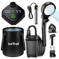 Portable camping shower heater kit with bucket, LED controller, hose, and handheld spray head