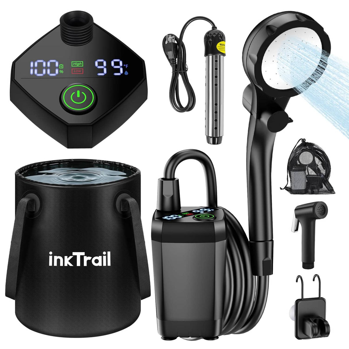 Portable camping shower heater kit with bucket, LED controller, hose, and handheld spray head