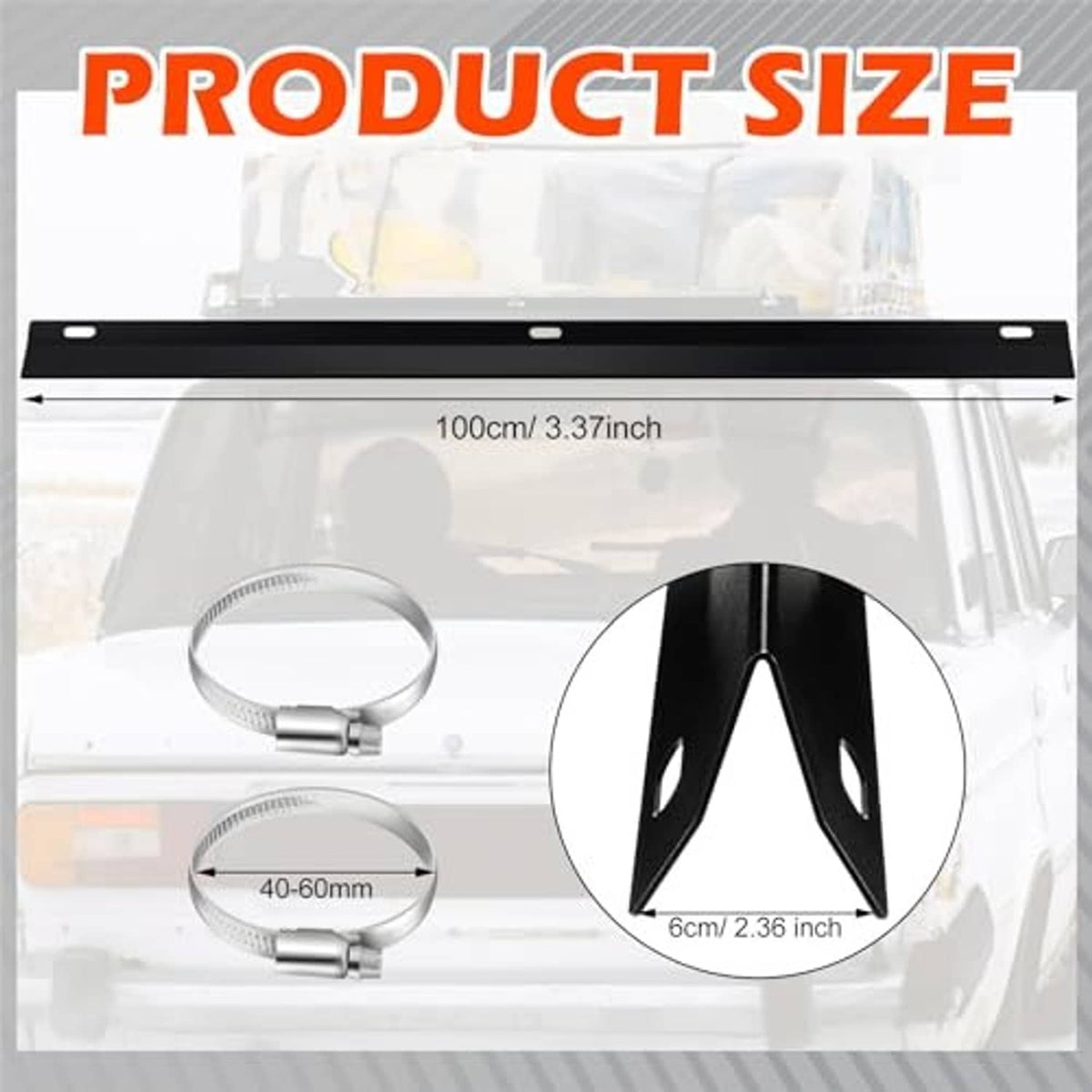 Black roof rack wind deflector bar with 3 ring clamp sizes shown
