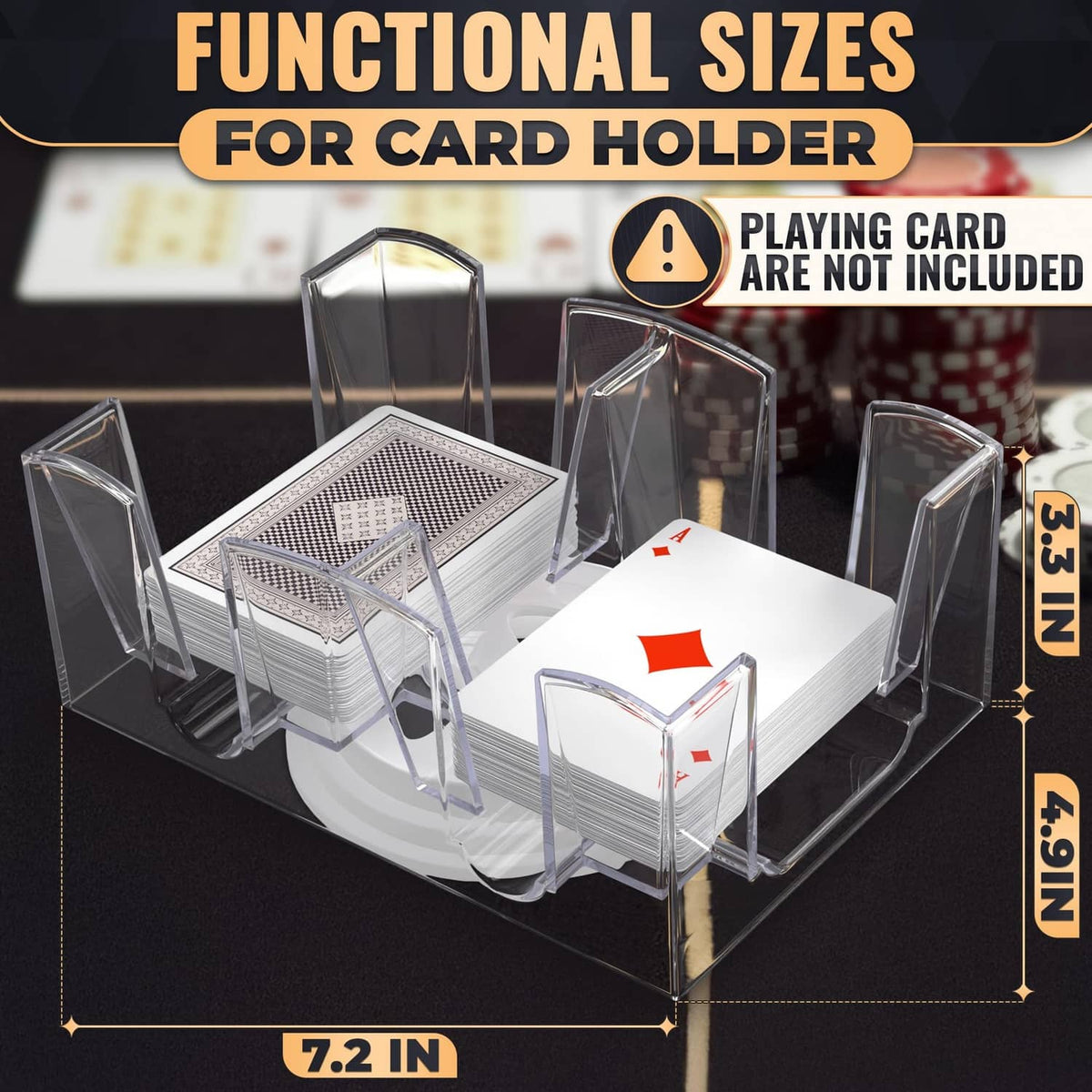 Transparent 6-deck card holder with rotating support and multiple card stacks visible.