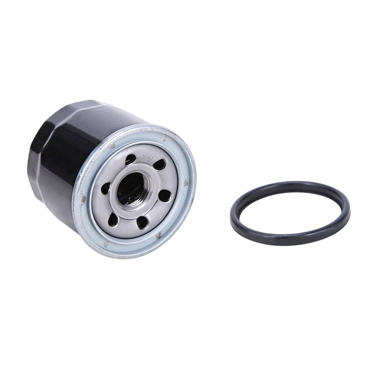 Oil filter cartridge with gasket ring, dark canister and silver metal rim