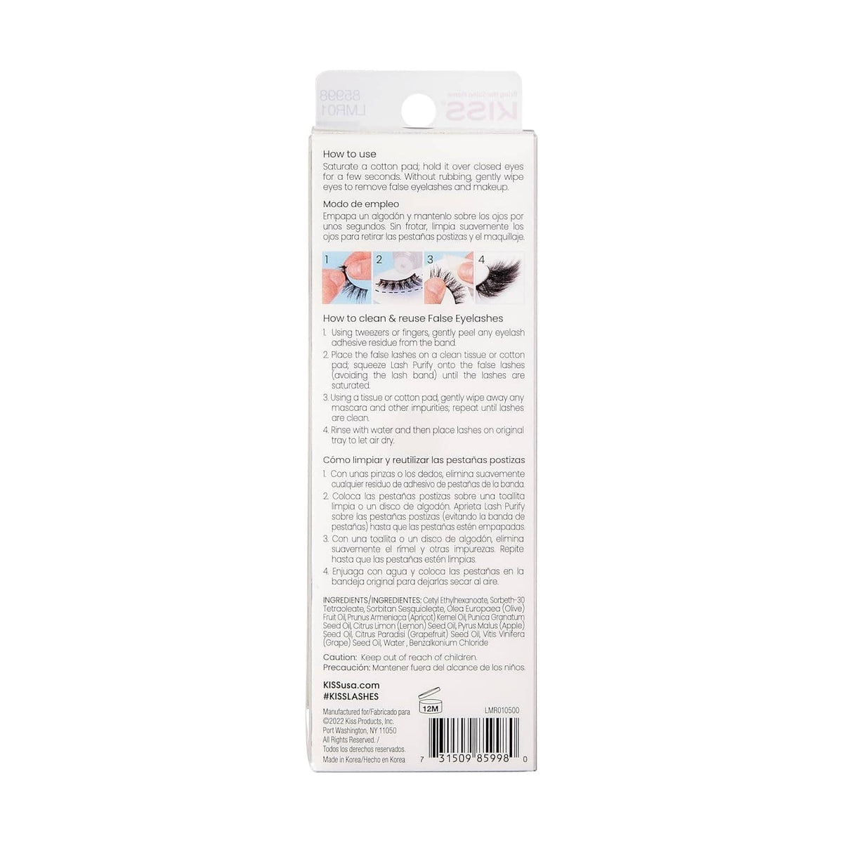 Lash purify package back with printed directions and how-to use illustration