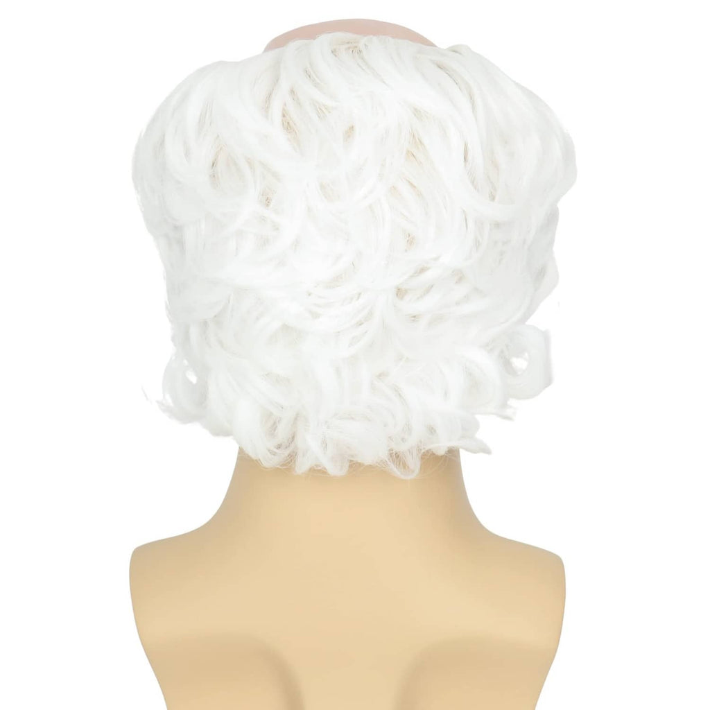 White curly wig hair from back view, with light flesh-toned bald cap base
