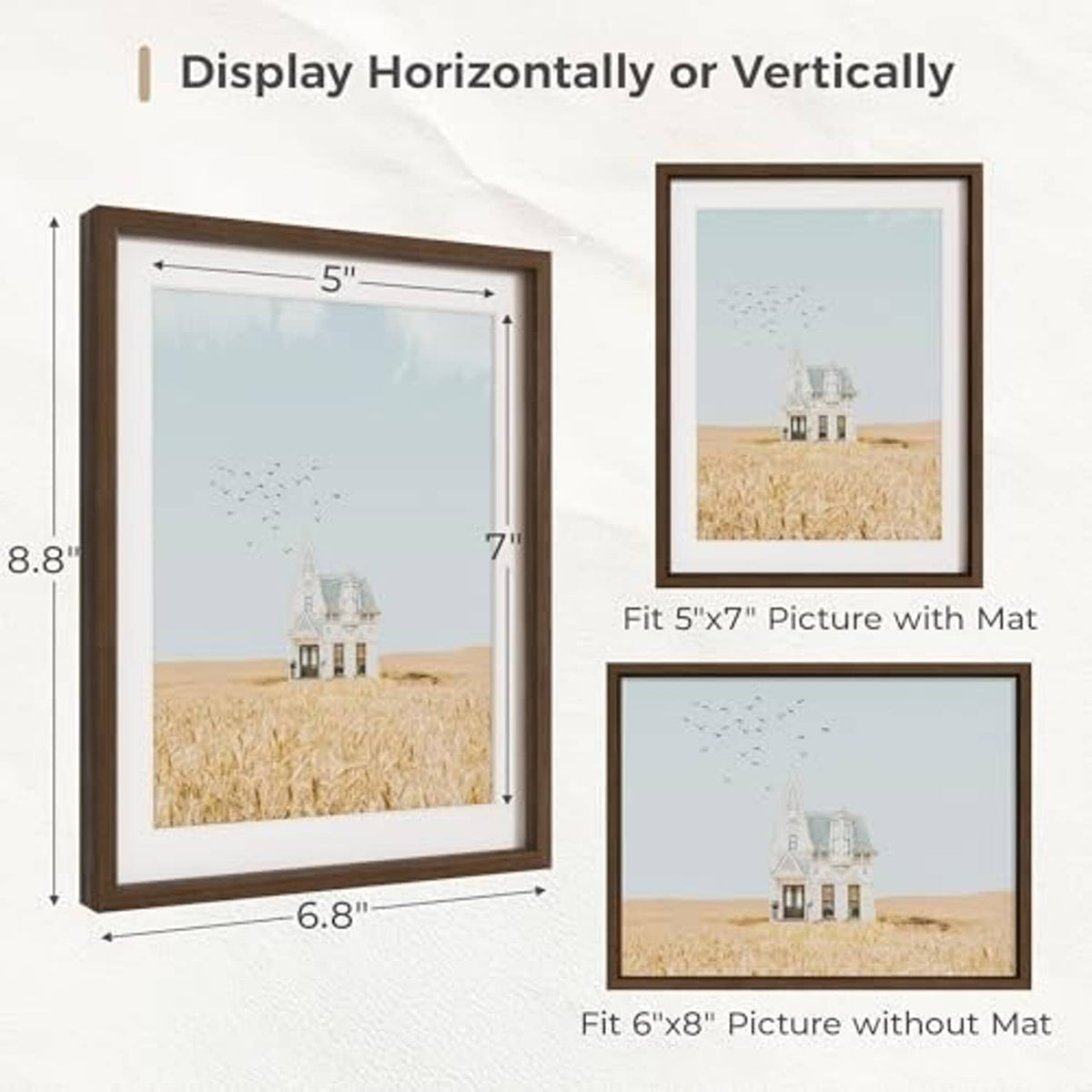 Walnut 6x8 frame size guide for vertical or horizontal display, mat included