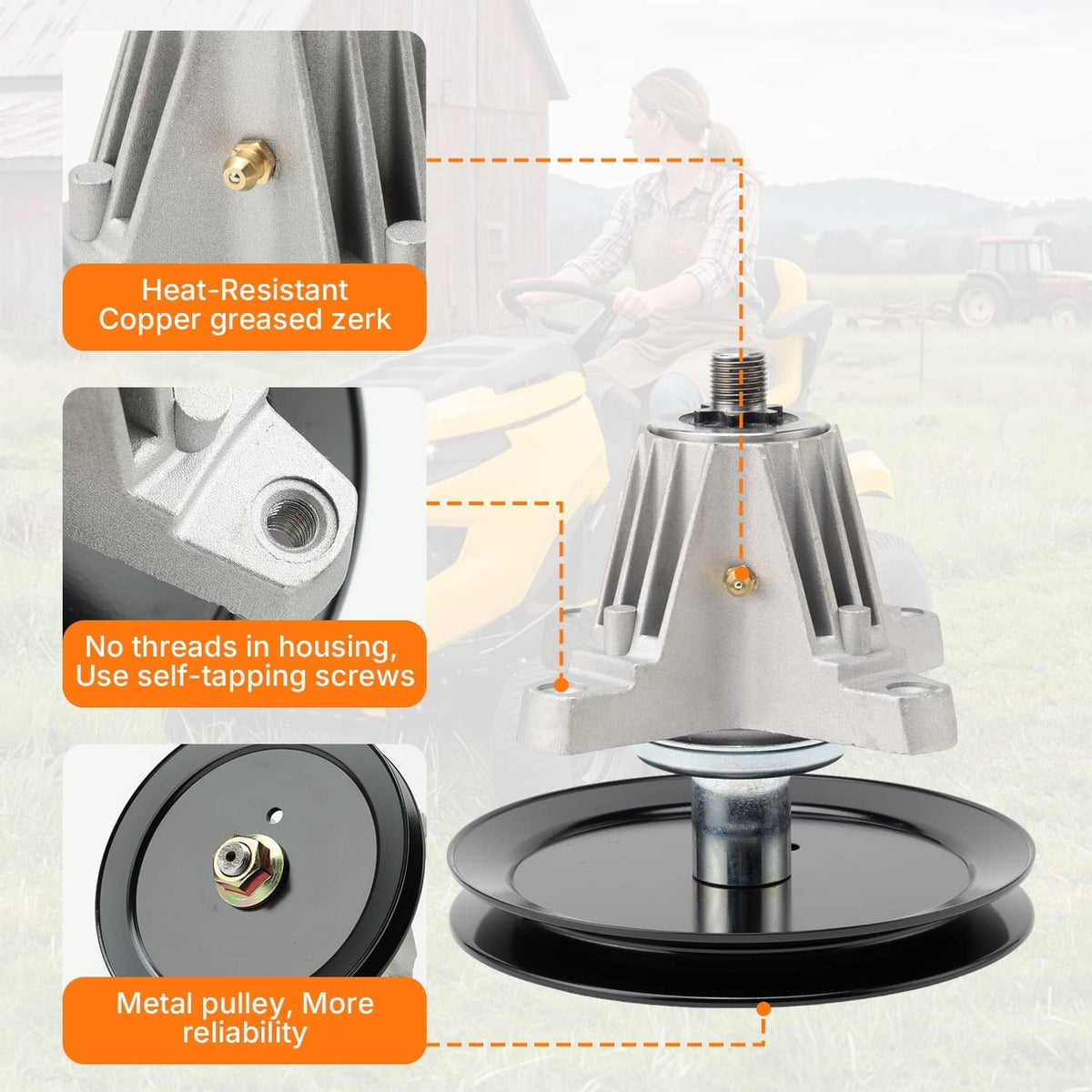 Deck spindle assembly with silver base, black pulley, and metal mounting hardware