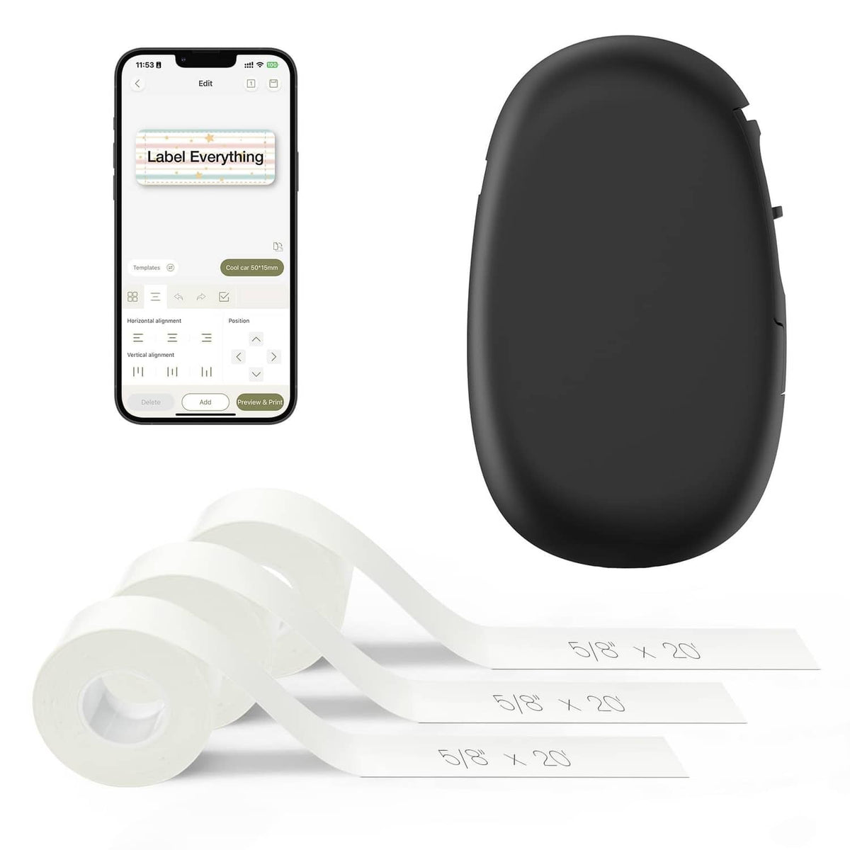 Portable black Bluetooth label maker with oval body and white label tape rolls