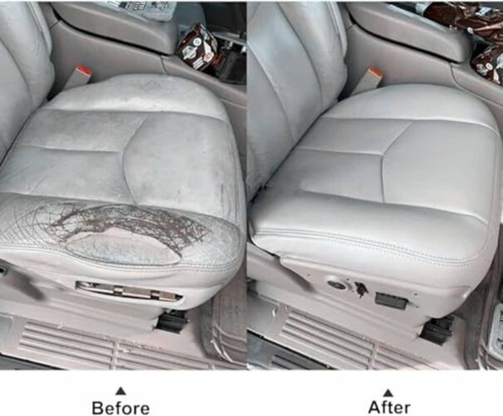 Gray leather seat bottom cover shown before and after installation