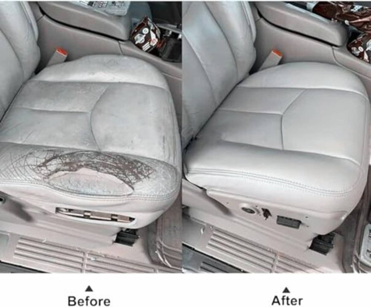 Gray leather seat bottom cover shown before and after installation