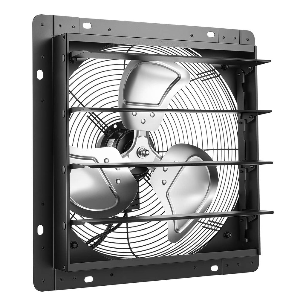 Black 14-inch wall-mount exhaust fan with automatic louvers and front grille