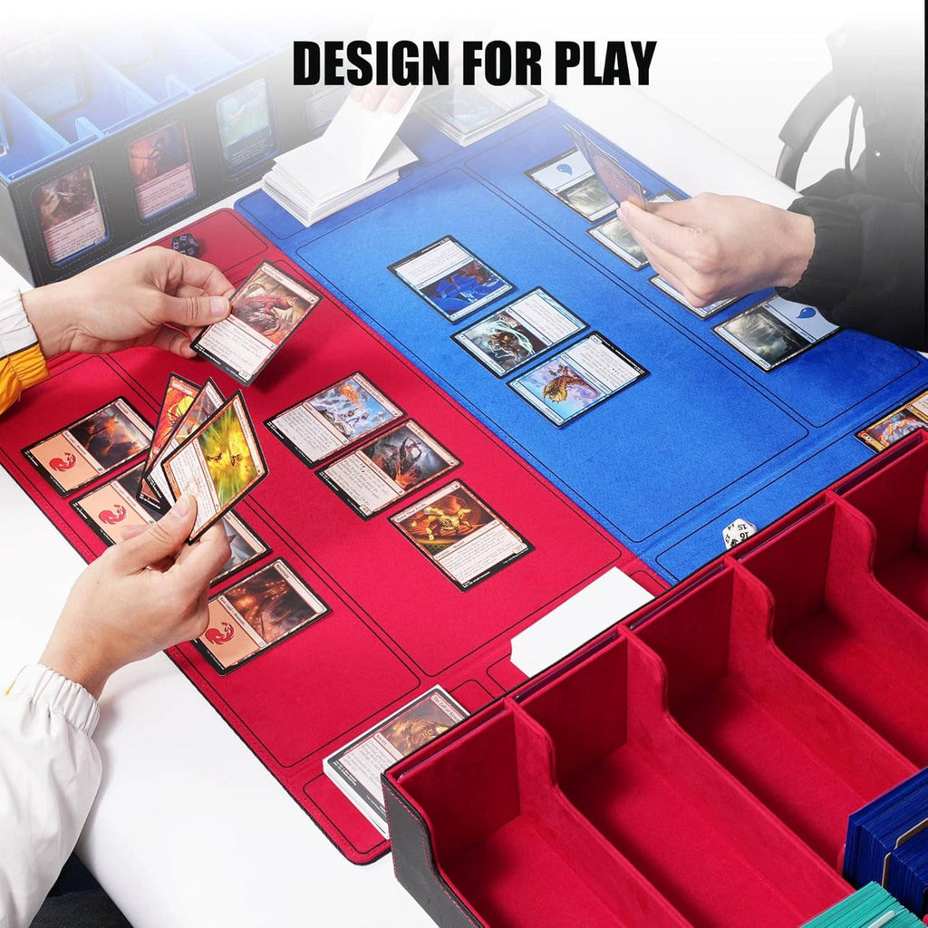Trading card storage box with play mat layout, blue zones for organizing cards