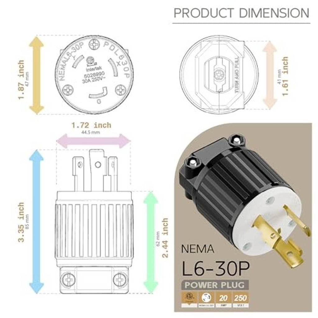 AC power plug with gold prongs and black ribbed body beside product dimension diagram