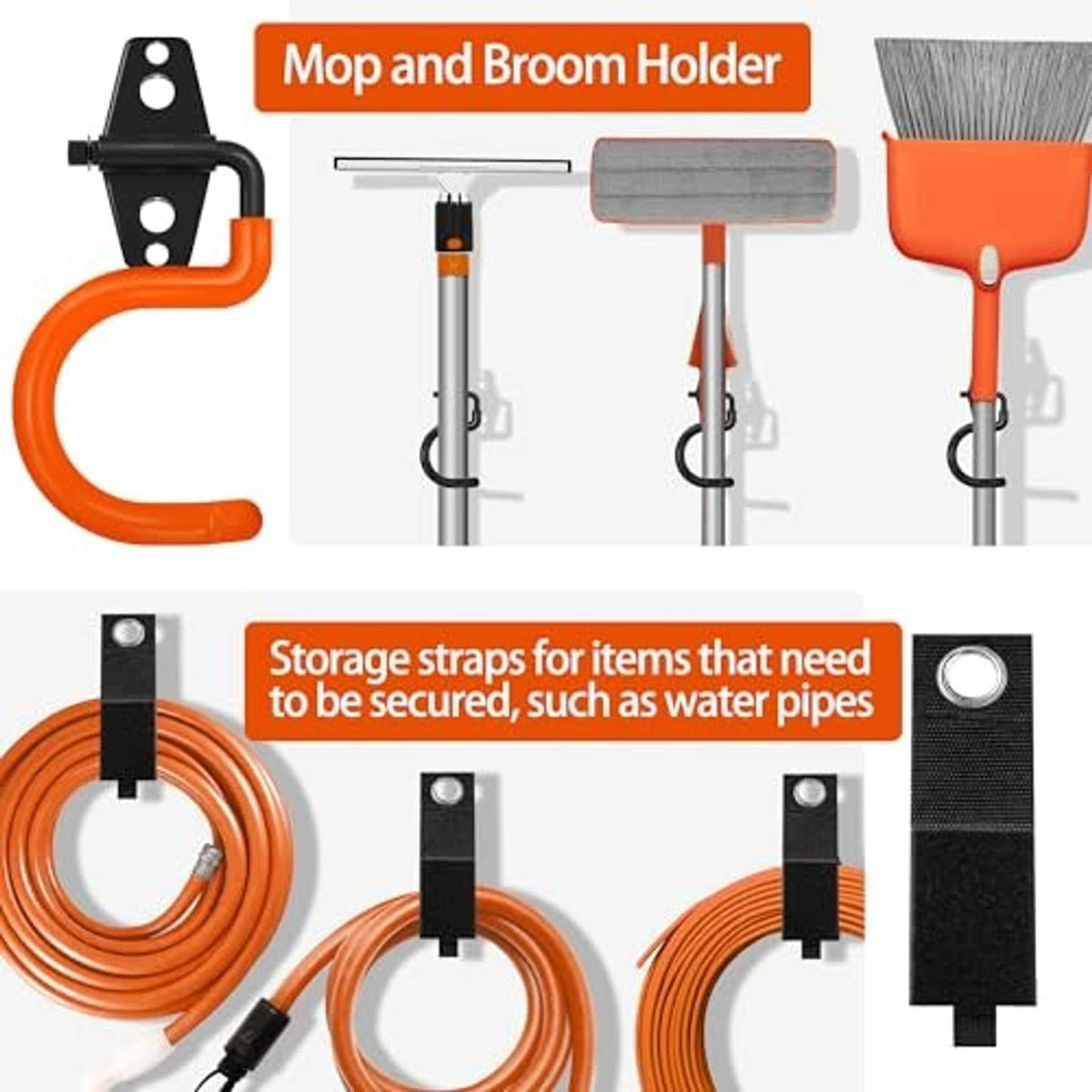 Garage storage hooks for mops and brooms plus orange loops for securing items