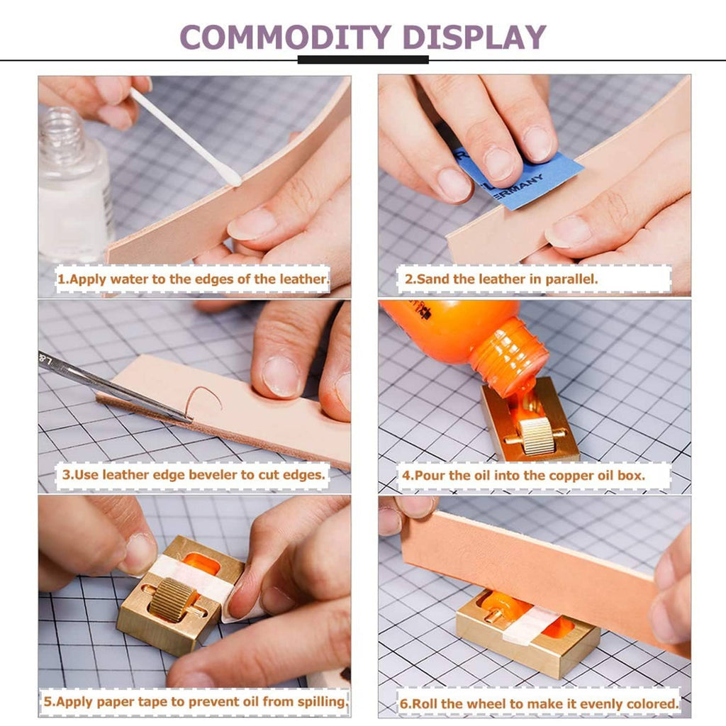 Leather edge paint tool with roller base used on leather edges, step guide