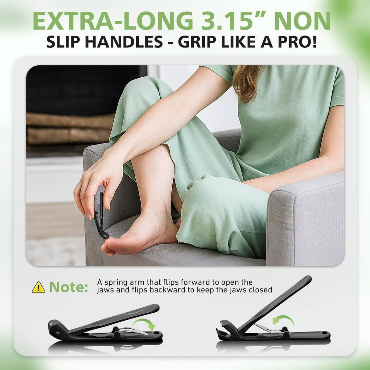 Black toenail clippers with long slip-resistant handles and spring mechanism
