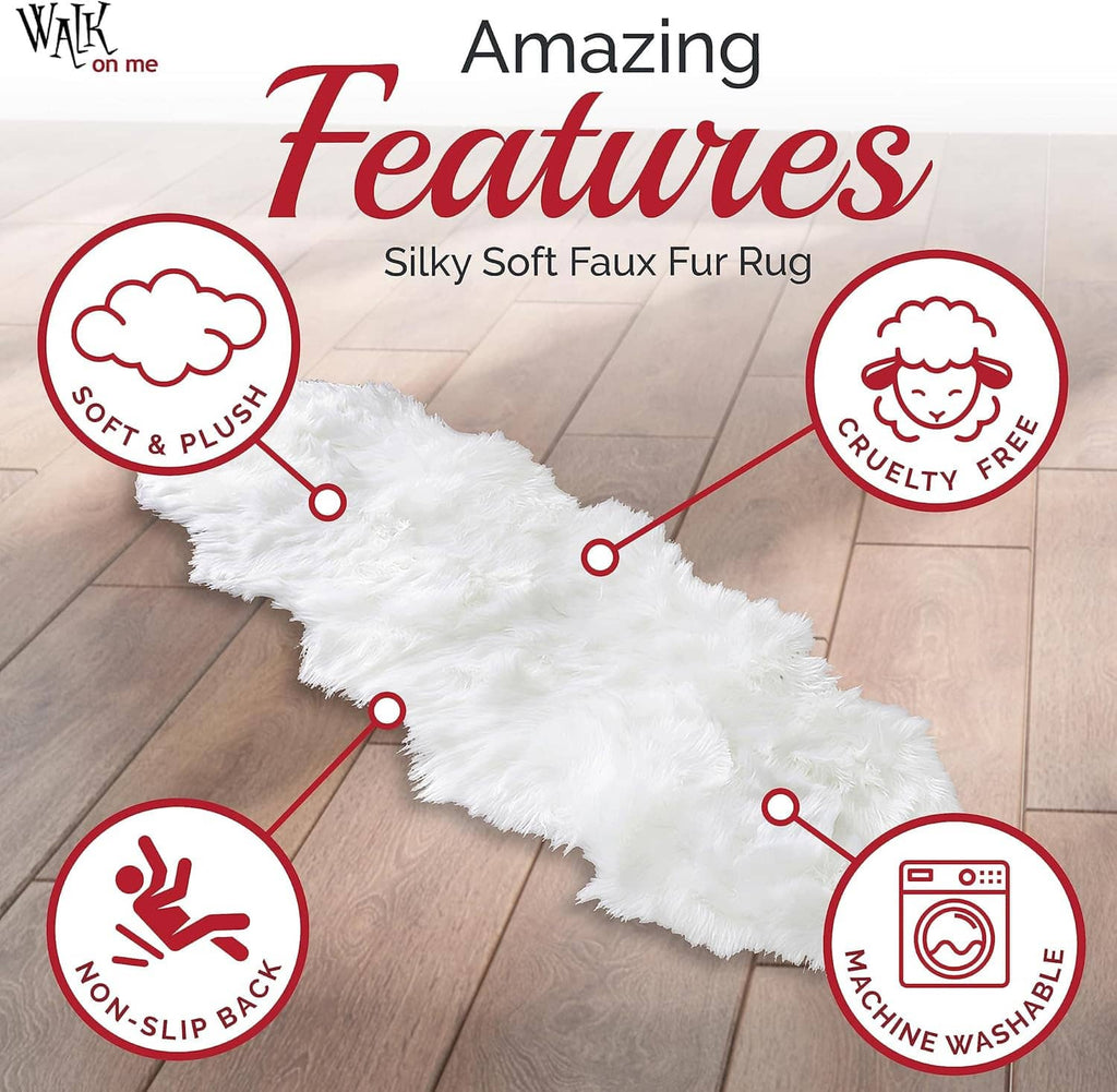 White faux fur rug with silky soft plush texture laid on wood floor