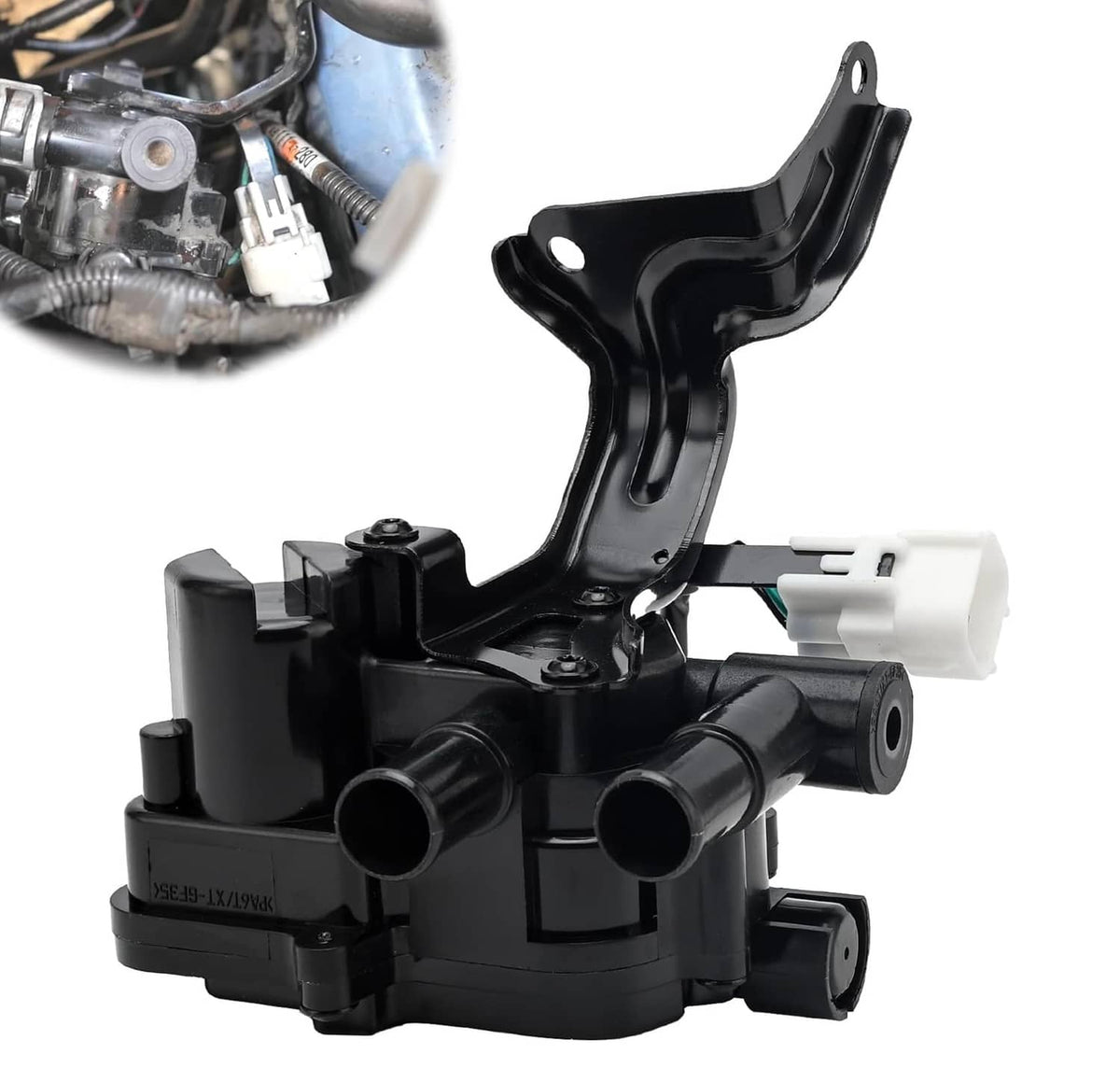 Black heater coolant control valve assembly with electrical connector and mounting bracket