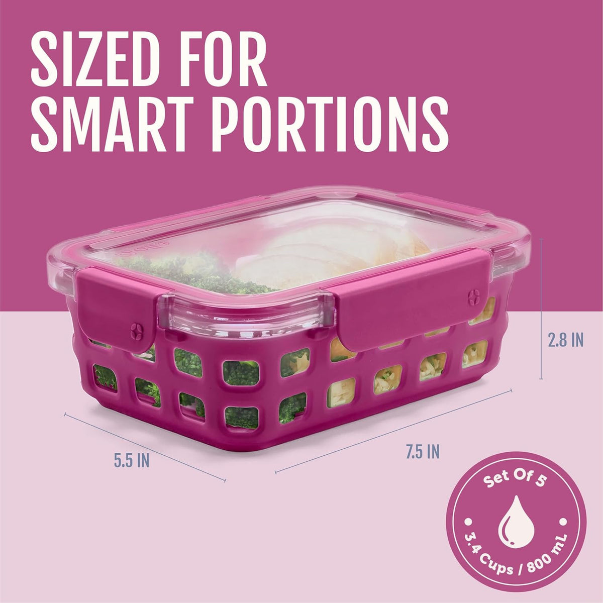 Pink 3.4-cup glass meal prep container with clear snap lid and vented handle
