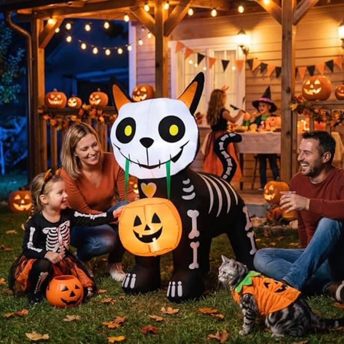 Large inflatable black cat decoration holding glowing jack-o'-lantern pumpkin outdoors