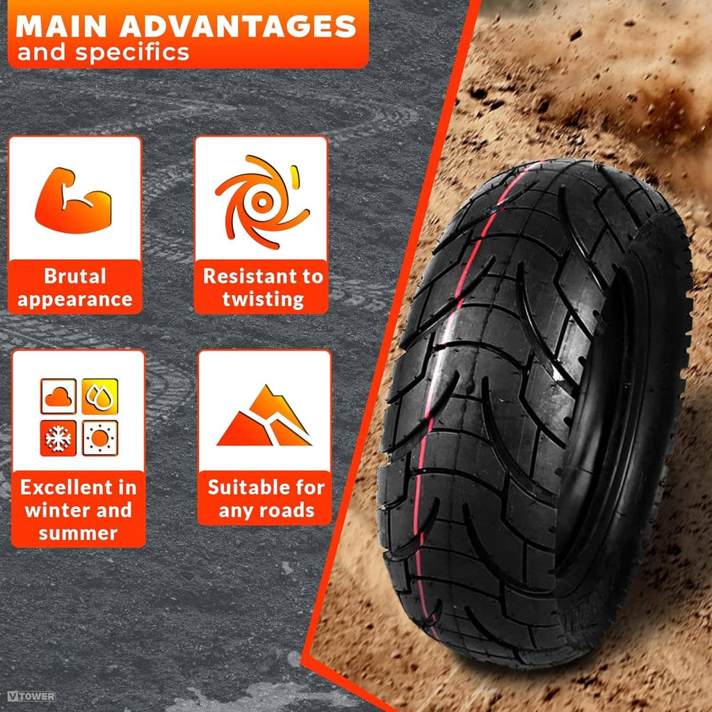 Black scooter tire with inner tube, all-season rugged tread pattern