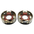 Hydraulic trailer brake assembly pair with red backing plate and metal drum hardware