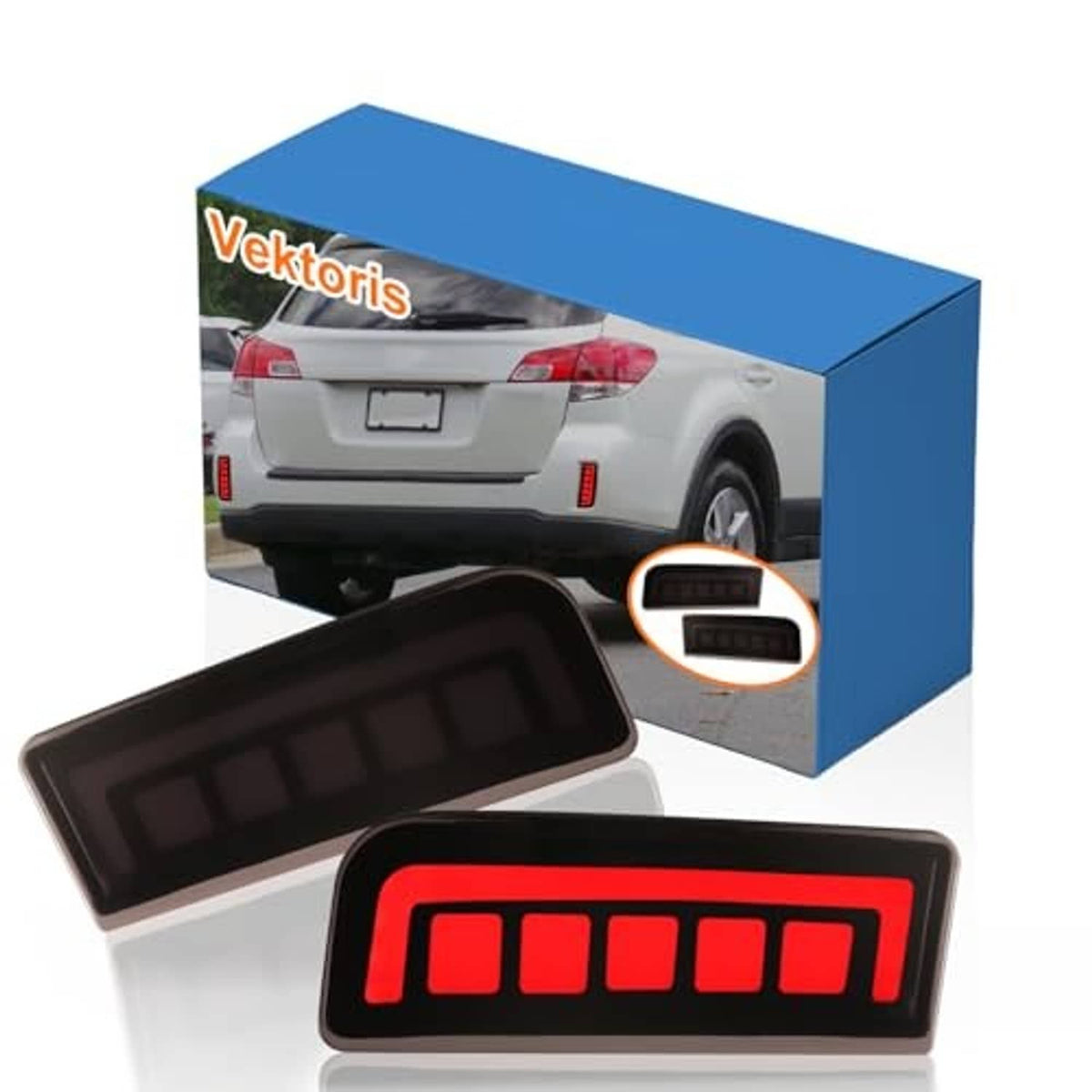 Angled view of smoked-lens LED rear bumper reflector light pair with red LED bar