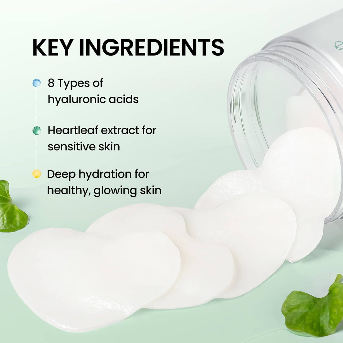 Heart-shaped soothing pads being lifted from a jar with water drops