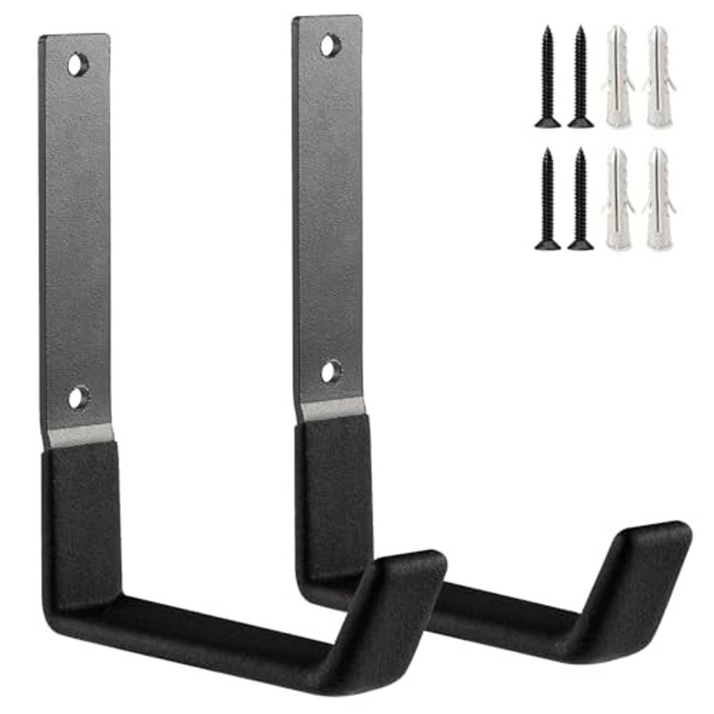 Steel wall hook set with black rubber-coated U hooks and two mounting holes