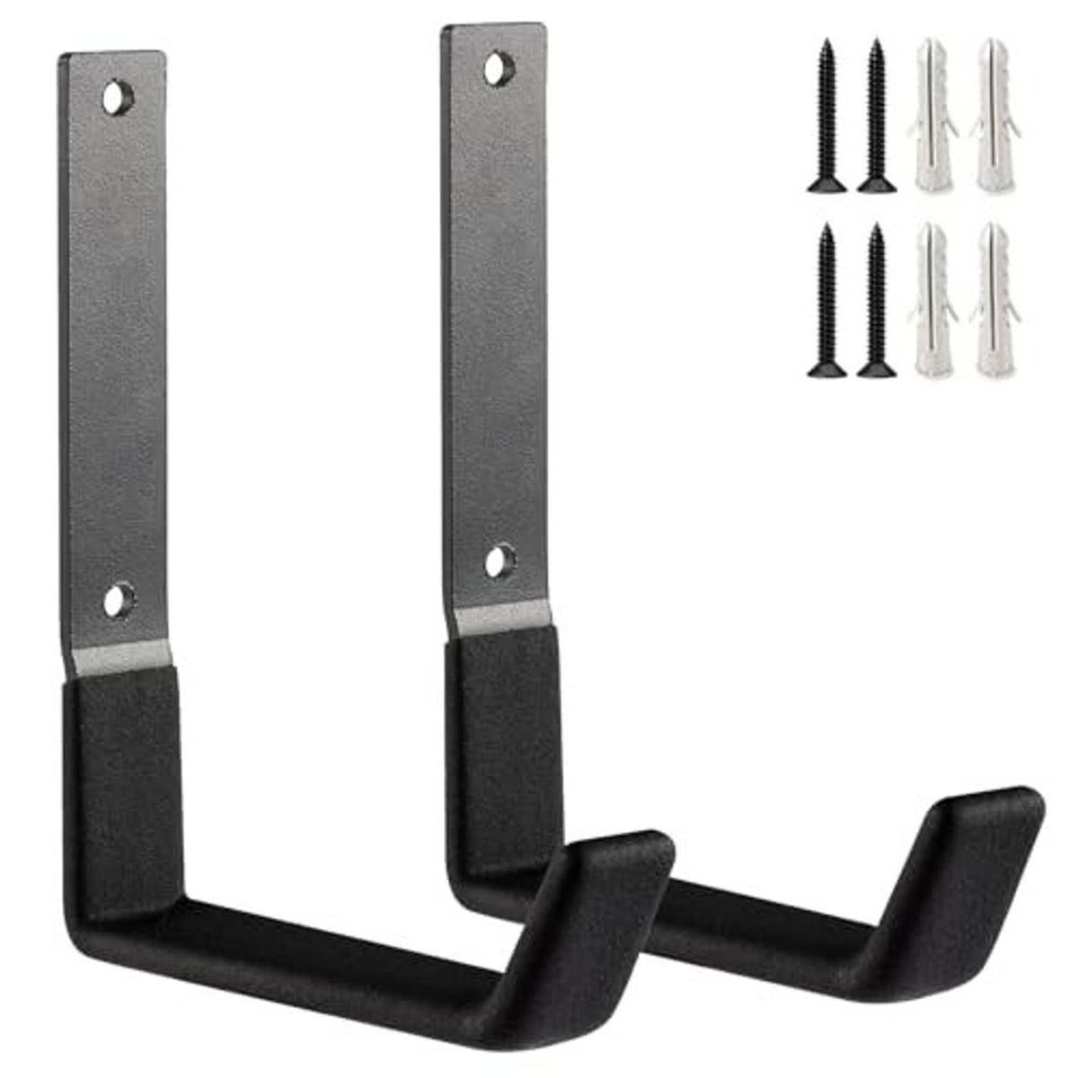 Steel wall hook set with black rubber-coated U hooks and two mounting holes
