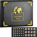 Coin album storage book with black cover, gold globe emblem, and coin pocket insert shown