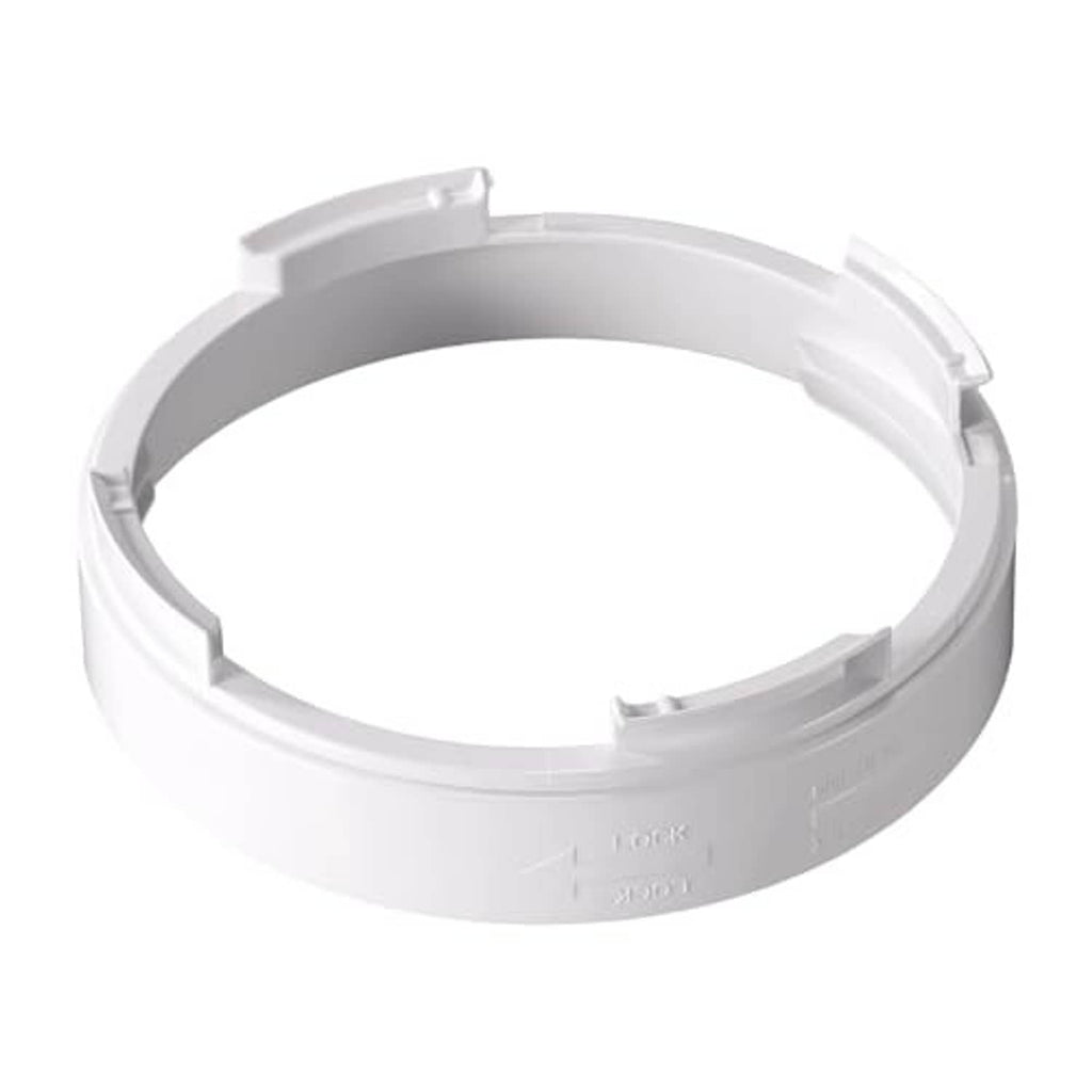 White round plastic AC exhaust hose coupler ring with locking tabs and molded details