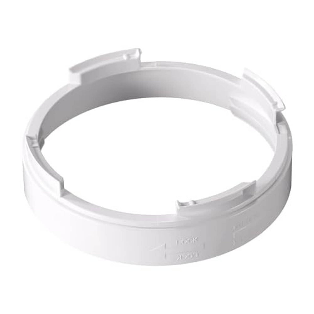 White round plastic AC exhaust hose coupler ring with locking tabs and molded details