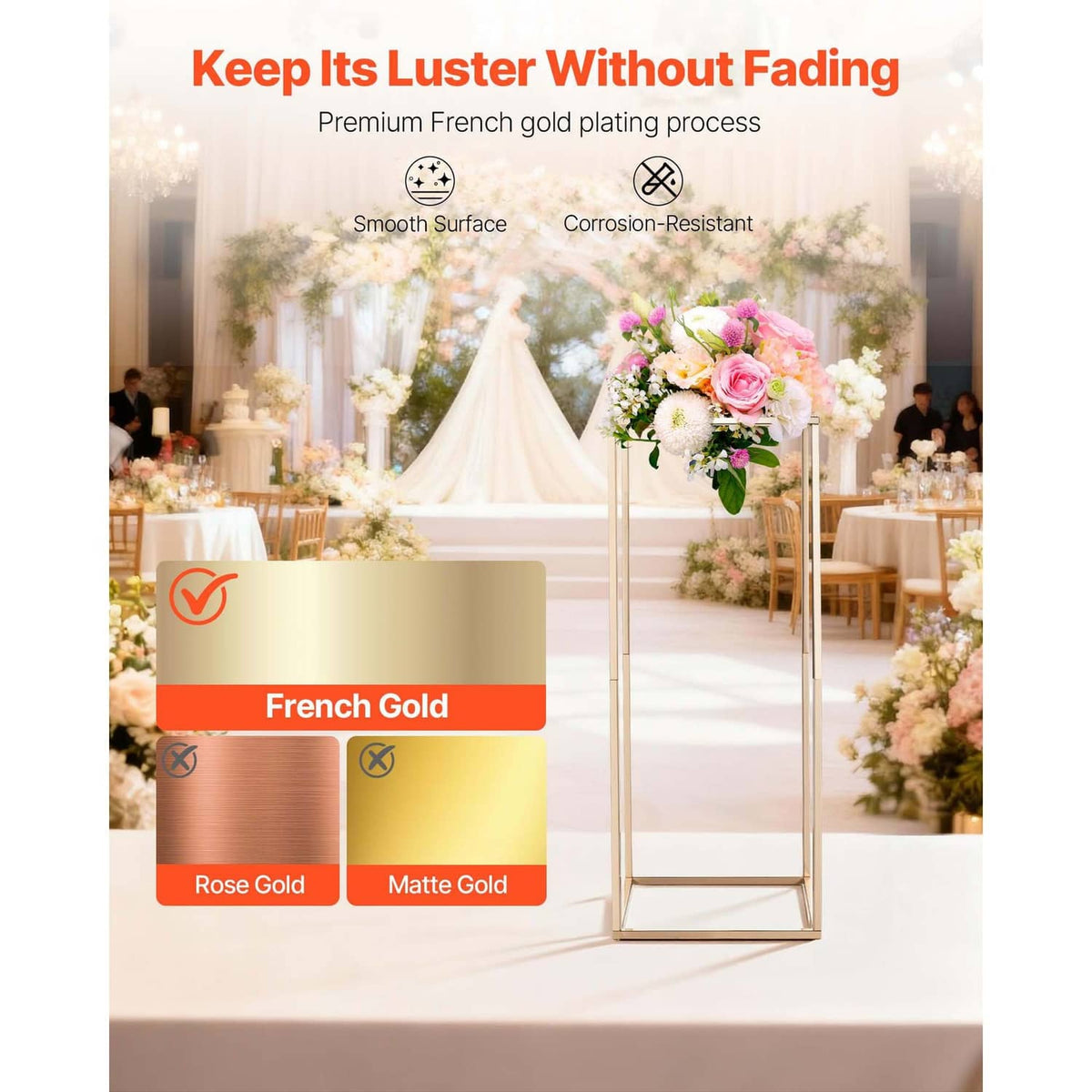 Gold flower stand frame with floral arrangement for wedding aisle centerpiece