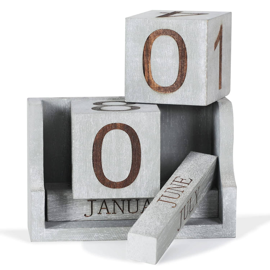 Grey wooden desk calendar blocks with O and JANUARY label