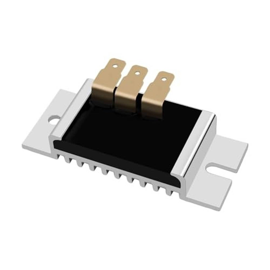 Voltage regulator rectifier top view with black base, gold terminals, and silver mounting tabs