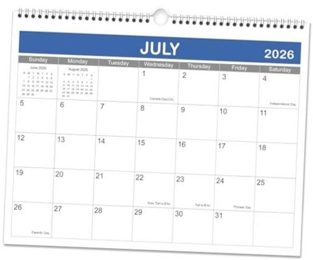 Spiral wall calendar page with July 2026 grid, deep blue header, Sunday–Saturday columns.