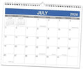 Spiral wall calendar page with July 2026 grid, deep blue header, Sunday–Saturday columns.