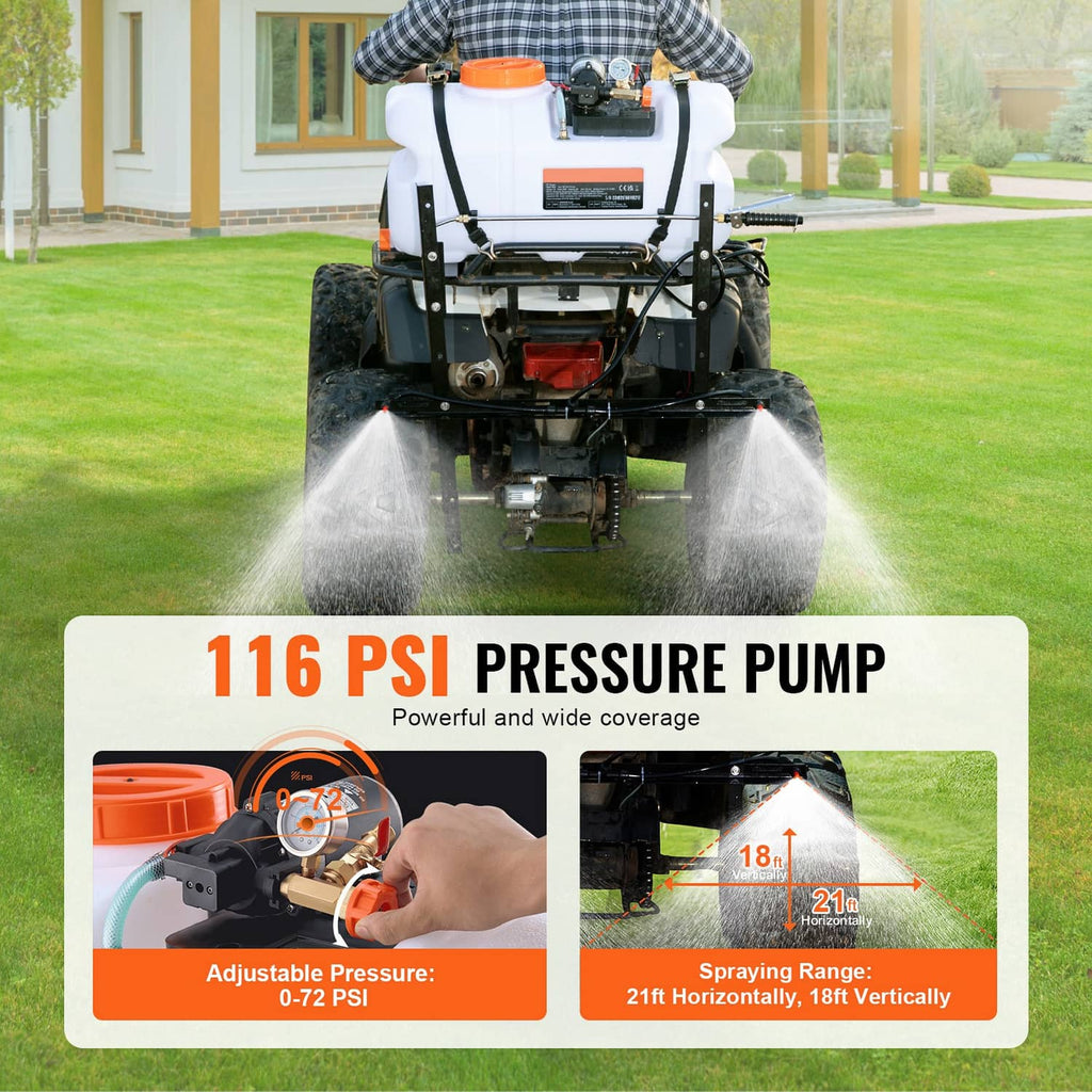 ATV spot sprayer on frame with wide spray pattern from nozzle boom